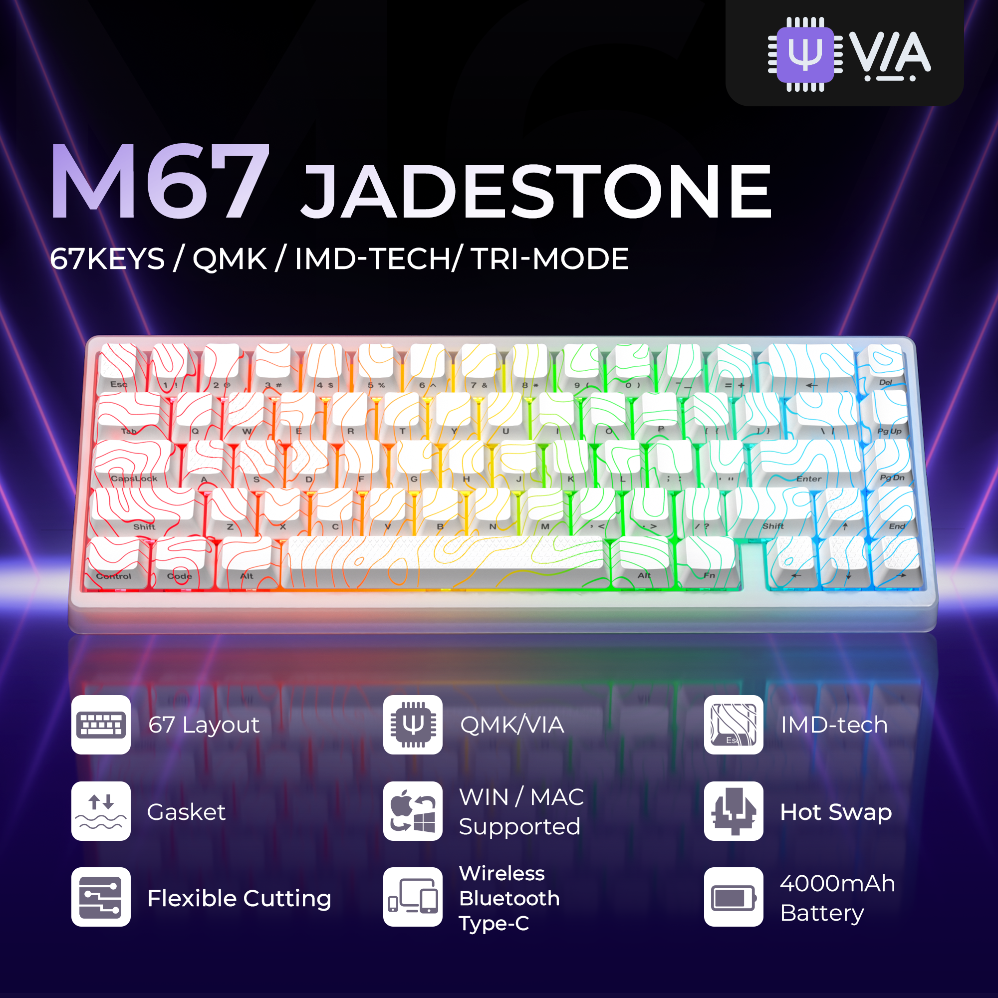 XVX M67 JadeStone VIA Tri-Mode Mechanical Keyboard with IMD-Tech Keycaps (Stellar White)